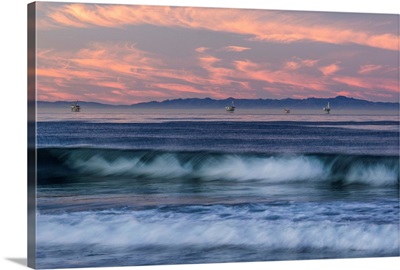 Oil rigs and waves in the Pacific Ocean, Carpinteria, California