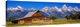 image thumbnail of A panoramic landscape photograph of farmland, the T.A. Moulton barn, and the massive mountain peaks in the background.