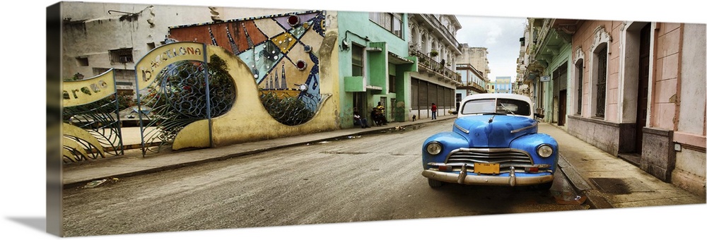 Old car and a mural on a street, Havana, Cuba