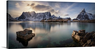 Old Stony Wells With Mountains In The Background, Sakrisoya Island, Lofoten, Norway
