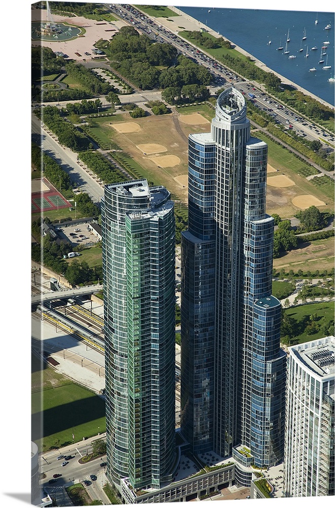 High angle view of skyscrapers, One Museum Park, Lake Michigan, Chicago, Cook County, Illinois, USA