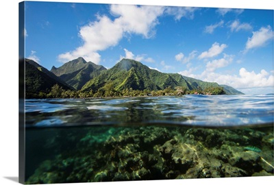 Over Under, half water half land, Island in the Pacific Ocean, French Polynesia