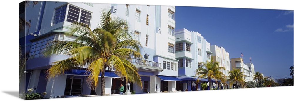 Palm trees in front of buildings, Art Deco Hotel, Ocean Drive, Miami Beach, Florida