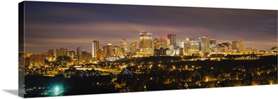 Panoramic view of illuminated building at night, Edmonton, Alberta, Canada