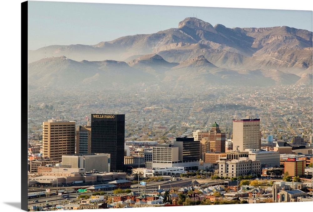 Panoramic view of skyline and downtown El Paso Texas looking toward Juarez, Mexico