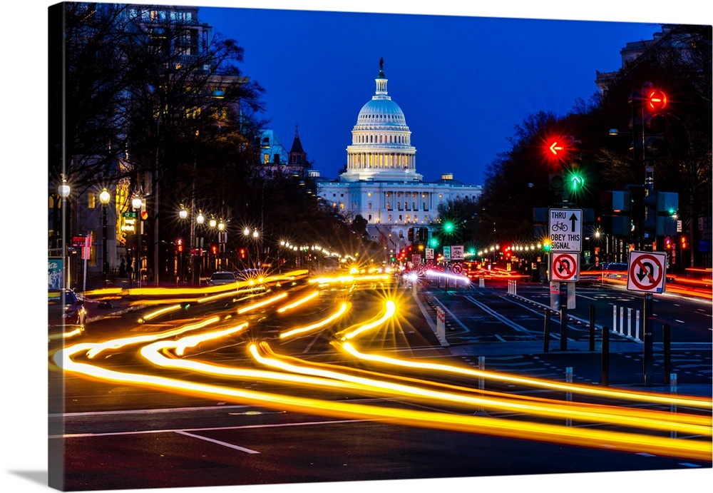 Pennsylvania ave to us capitol with streaked lights going towards us capitol at night, washington d.c.