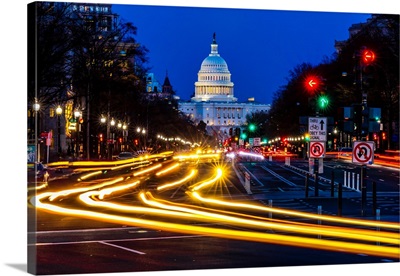 Pennsylvania Ave To US Capitol With Streaked Lights At Night, Washington D.C.