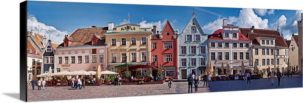 People with buildings in the city, Tallinn, Estonia