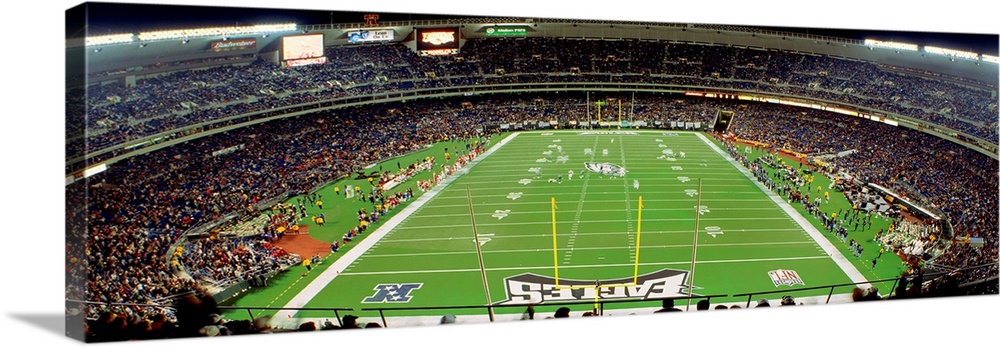 Panoramic photograph taken above an end zone of a National Football League team's field located within the nicknamed "City...