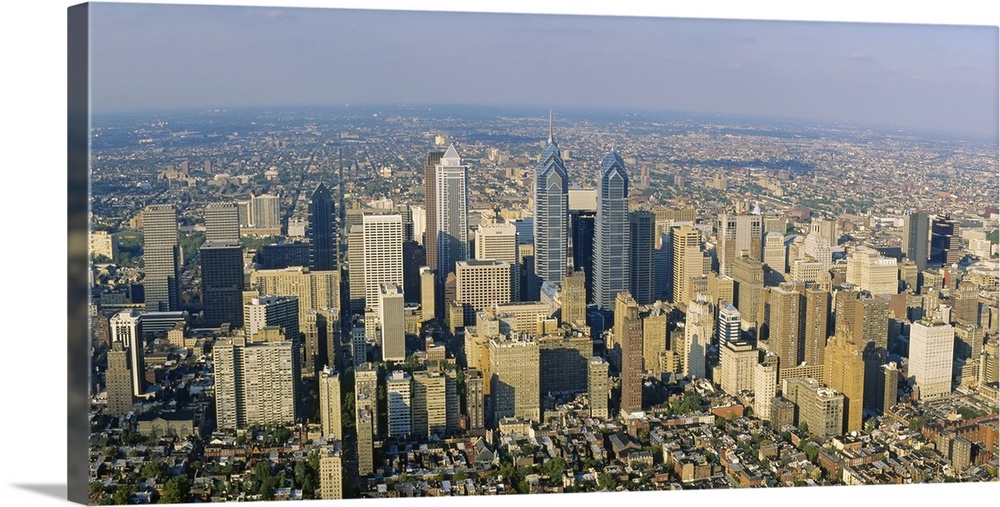Skyscrapers in the city of Philadelphia are photographed from an aerial view.