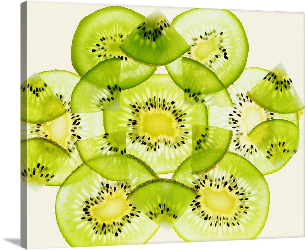 Thin slices of a fruit arranged in a symmetrical kaleidoscope pattern.