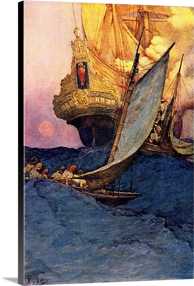 Pirate ship attacking spanish galleon in west indies illustration by howard pyle.