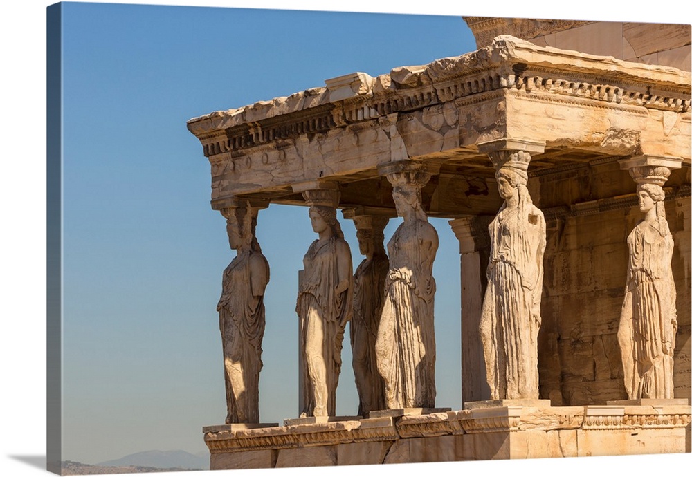 Athens, Attica, Greece. Porch of the Caryatids on the south end of the Erechtheion on the Acropolis. These are copies. The...