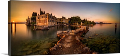 Punta San Vigilio Harbor At Garda Lake Mountains In Background, Garda, Italy