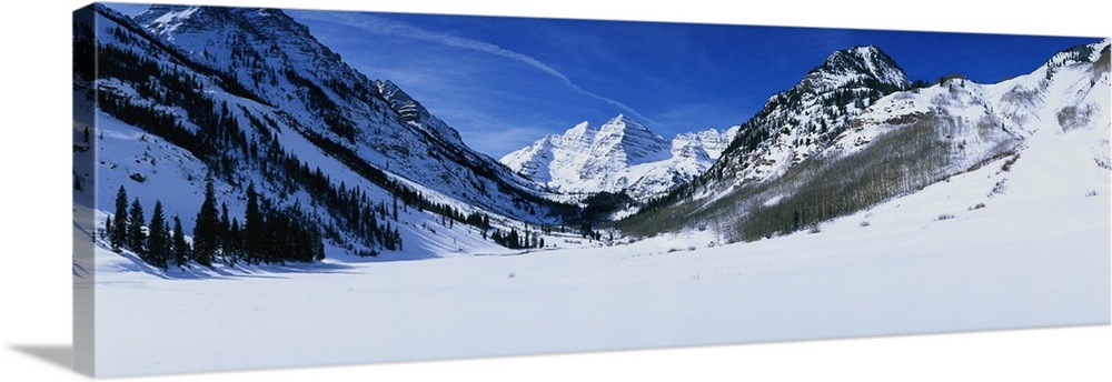 Panoramic photograph of snow covered mountains and trees under a cloudy sky.