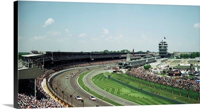 Race cars in pace lap in Indianapolis Motor Speedway, Indianapolis 500, Indiana