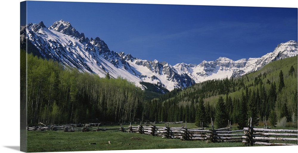 Photo of a fenced field surrounded by a thick forest and mountain range in San Juan Mountains, Colorado (CO).