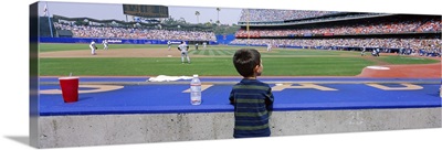 Rear view of a boy watching a baseball match, Dodgers vs. Yankees, Dodger Stadium, City of Los Angeles, California