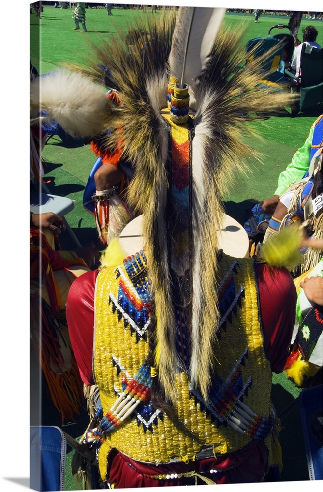 Rear view of man wearing native american indian ceremonial costume.
