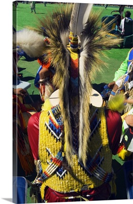 Rear view of man wearing native american indian ceremonial costume.