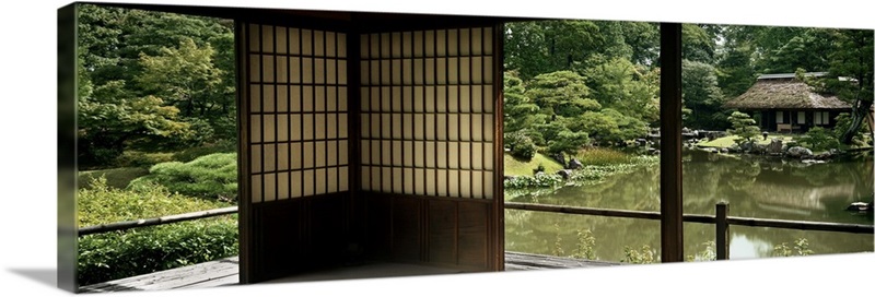 Reflection of a house and trees on water, Katsura Imperial Villa, Kyoto ...