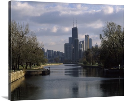Reflection of buildings in a lagoon, Lincoln Park Lagoon, Lincoln Park, Chicago, Cook County, Illinois,