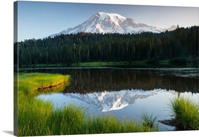 Reflection of mountain in lake, Mount Rainier National Park, Washington State