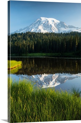 Reflection of mountain in lake, Mount Rainier National Park, Washington State