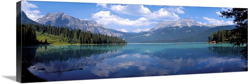 Reflection of mountain on water, Emerald Lake, Yoho National Park, British Columbia, Canada.