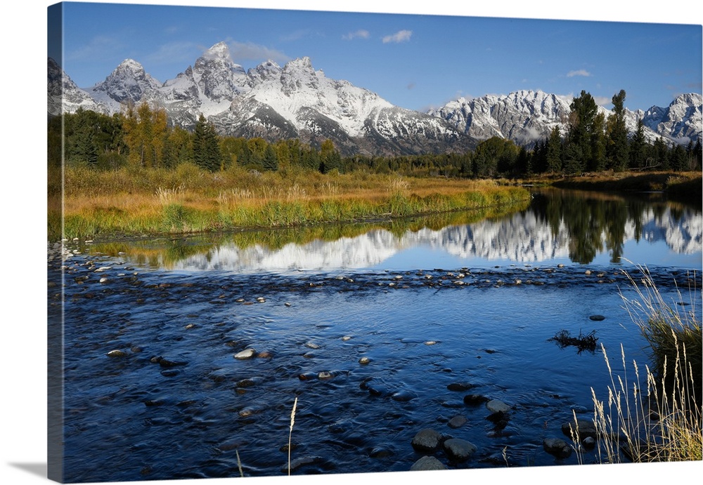 Reflection of mountain range on water, Teton Range, Grand Teton National Park, Wyoming, USA