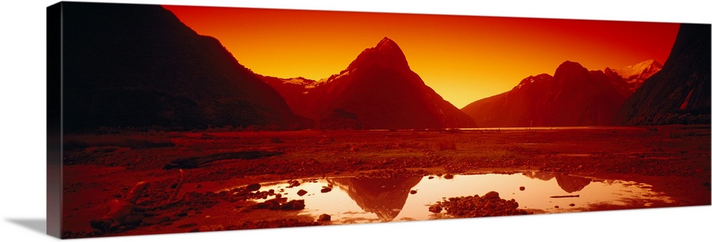 Reflection of mountains in a lake, Mitre Peak, Milford Sound, Fiordland National Park, South Island, New Zealand