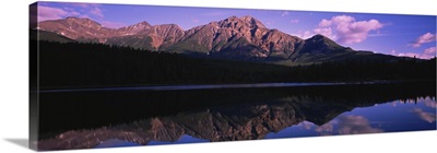 Reflection of mountains in a lake, Pyramid Lake, Jasper National Park, Alberta, Canada