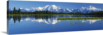 Reflection of mountains in lake, Mt Foraker and Mt McKinley, Denali National Park, Alaska