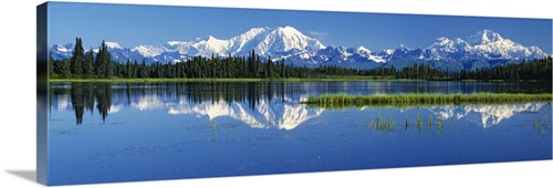 Reflection of mountains in lake, Mt Foraker and Mt McKinley, Denali ...
