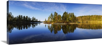 Reflection of trees in a lake, Lake Saimaa, Puumala, Finland