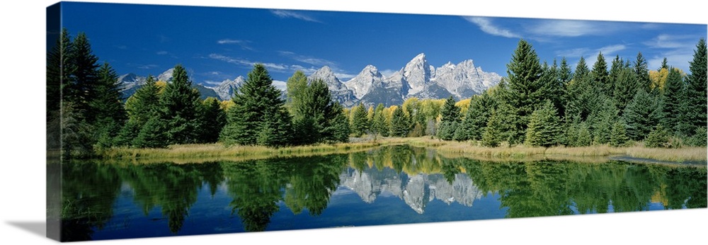 Panoramic photo print of a water with a reflection of the rugged mountains and forest in the distance.