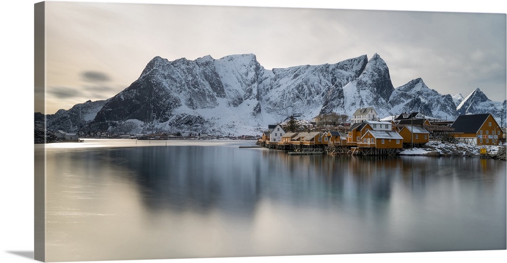 Reine and Sakrisoy villages at waterfront during sunset, Lofoten, Nordland, Norway.