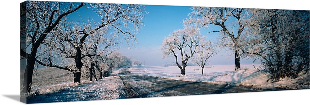 Road passing through winter fields, Illinois,