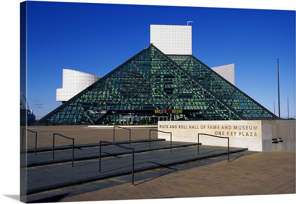 Large wall art of the Rock and Roll Hall of Fame building.