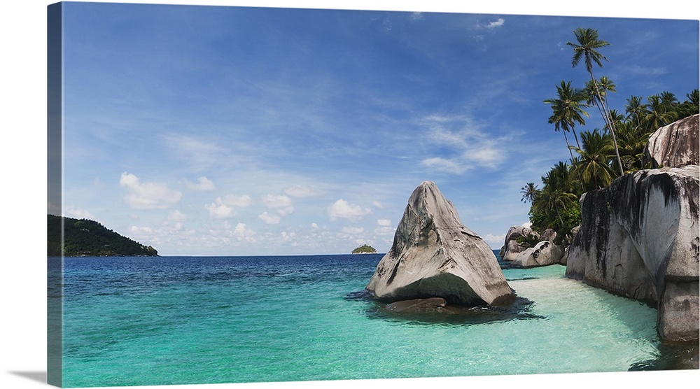 Landscape photograph on a large canvas of clear blue waters in Malaysia, along the rocky shoreline of Pulau Dayang Beach, ...