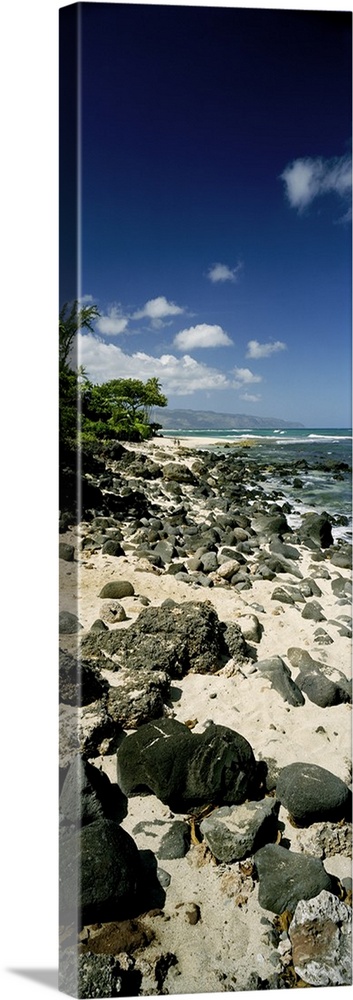 Oversized vertical photograph of a sandy shore covered in rocks in Leftovers Beach Park, with a deep blue sky over North s...