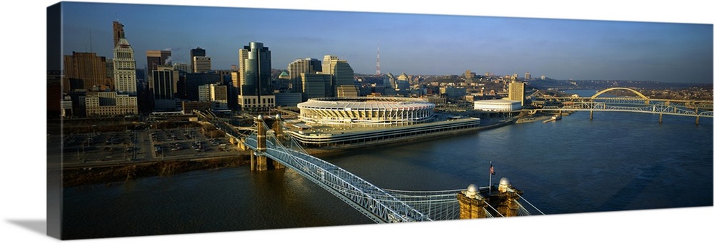 A panoramic view of downtown Cincinnati, the Ohio River and the Roebling Suspension Bridge.