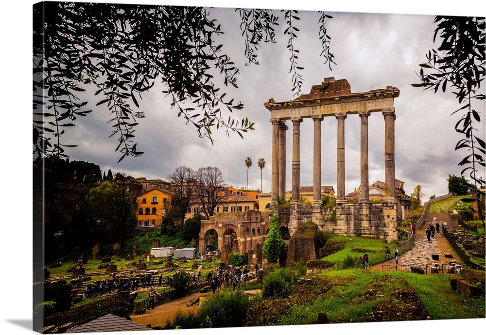 Rome, Italy. The roman forum. The temple of saturn. Tempio di saturno. The historic centre of rome is a UNESCO world herit...