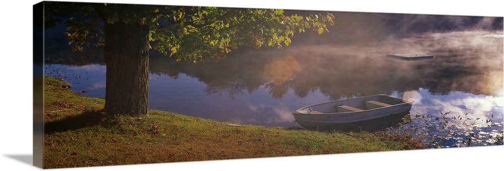 Small boat resting on the shore of a misty lake next to a sturdy tree, the surrounding forest reflected in the water.