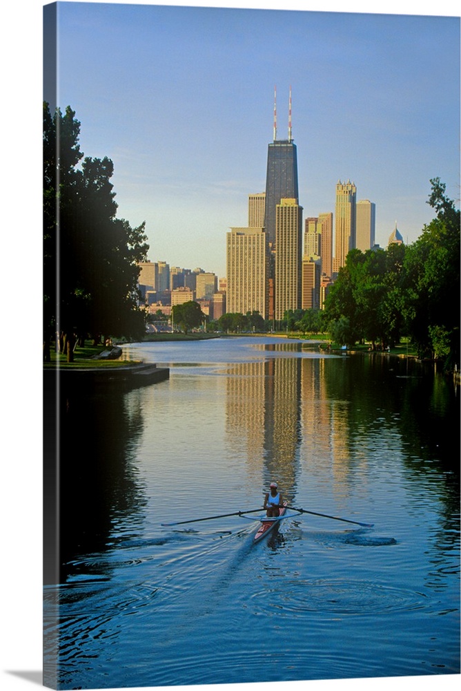 Rower on Chicago River with Skyline