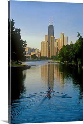 Rower on Chicago River with Skyline