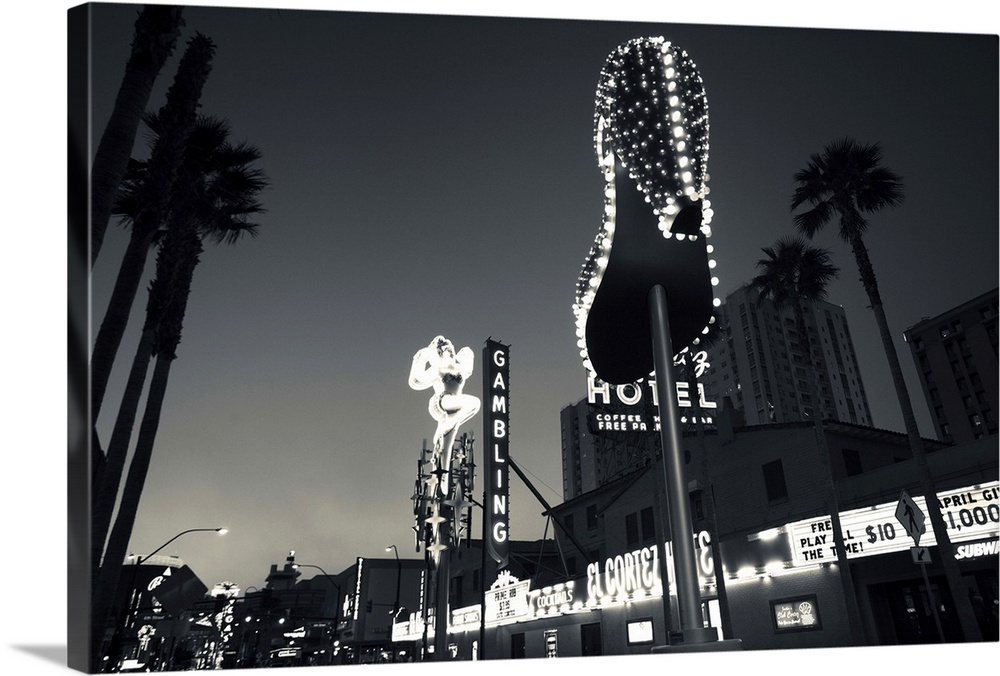 Ruby Slipper neon sign lit up at dusk, Fremont Street, Las Vegas, Nevada