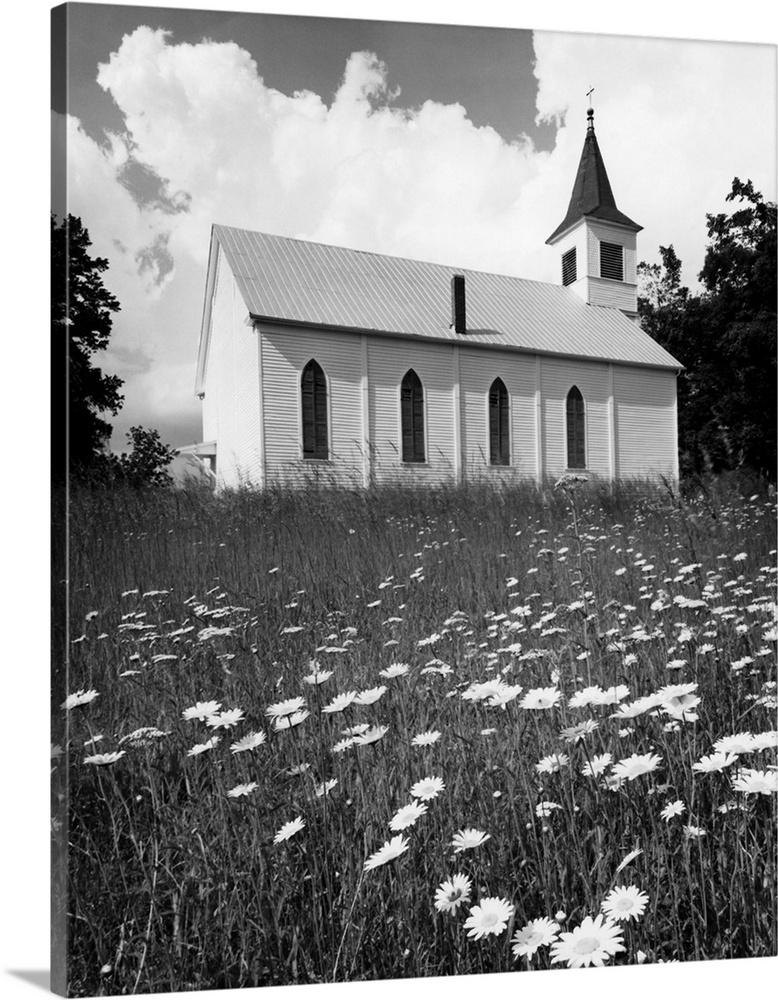 Rural Church In Field Of Daisies.