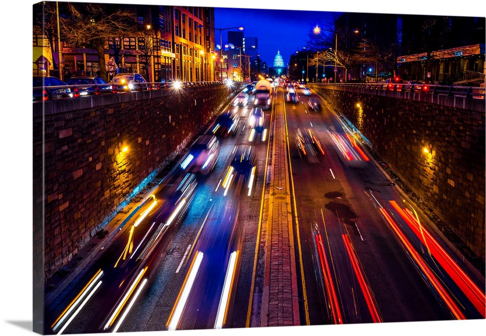 Rush hour traffic on north capitol show tail lights leading to us capitol, washington d.c.