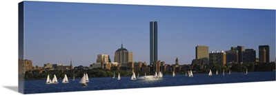 Sailboats in a river with buildings in the background, Charles River, John Hancock Tower, Boston, Massachusetts